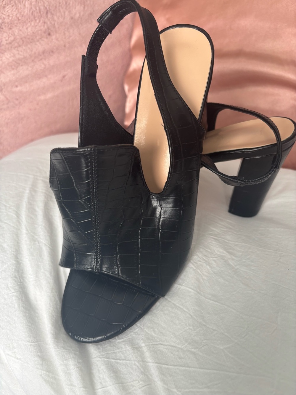Women's Black Croc-Embossed Slingback Heels